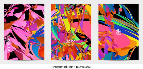 Abstract flyer template with bright colored random small particle explosion. Sport music social media layout. Optical art dynamic background with outer space motion. Futuristic vector.