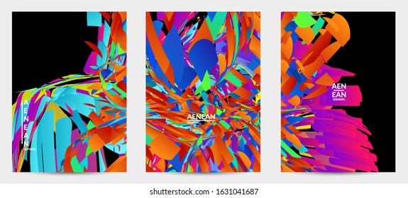 Abstract flyer template with bright colored random small particle explosion. Sport music social media layout. Optical art dynamic background with outer space motion. Futuristic vector.