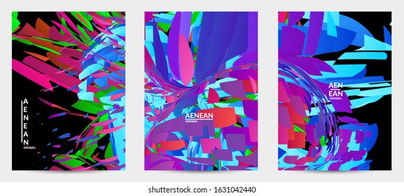 Abstract flyer template with bright colored random small particle explosion. Sport music social media layout. Optical art dynamic background with outer space motion. Futuristic vector.