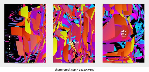 Abstract flyer template with bright colored random small particle explosion. Sport music social media layout. Optical art dynamic background with outer space motion. Futuristic vector.