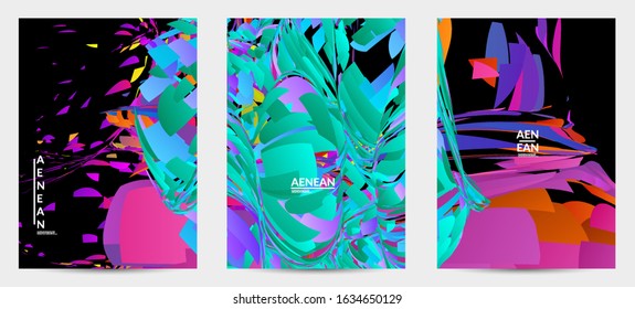 Abstract flyer template with bright colored random small particle explosion. Sport music social media layout. Optical art dynamic background with outer space motion. Futuristic vector.