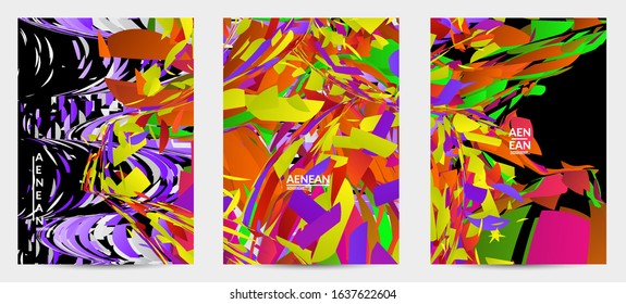 Abstract flyer template with bright colored random small particle explosion. Sport music social media layout. Optical art dynamic background with outer space motion. Futuristic vector.