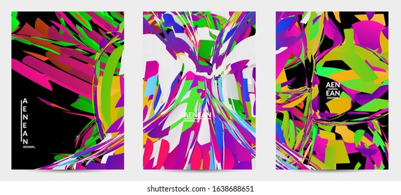 Abstract flyer template with bright colored random small particle explosion. Sport music social media layout. Optical art dynamic background with outer space motion. Futuristic vector.