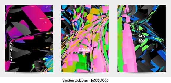 Abstract flyer template with bright colored random small particle explosion. Sport music social media layout. Optical art dynamic background with outer space motion. Futuristic vector.