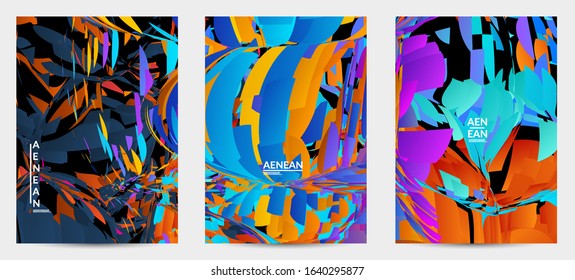 Abstract flyer template with bright colored random small particle explosion. Sport music social media layout. Optical art dynamic background with outer space motion. Futuristic vector.