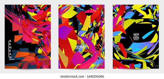 Abstract flyer template with bright colored random small particle explosion. Sport music social media layout. Optical art dynamic background with outer space motion. Futuristic vector.