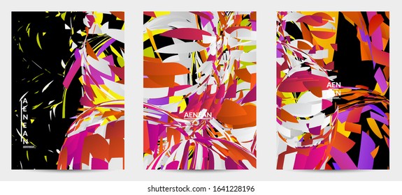 Abstract flyer template with bright colored random small particle explosion. Sport music social media layout. Optical art dynamic background with outer space motion. Futuristic vector.