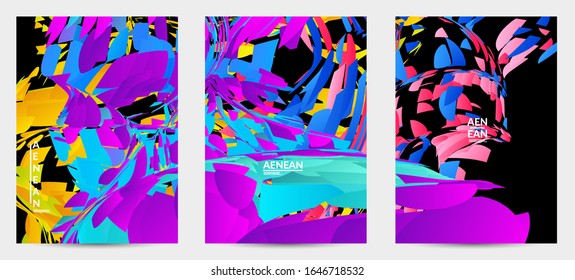 Abstract flyer template with bright colored random small particle explosion. Sport music social media layout. Optical art dynamic background with outer space motion. Futuristic vector.