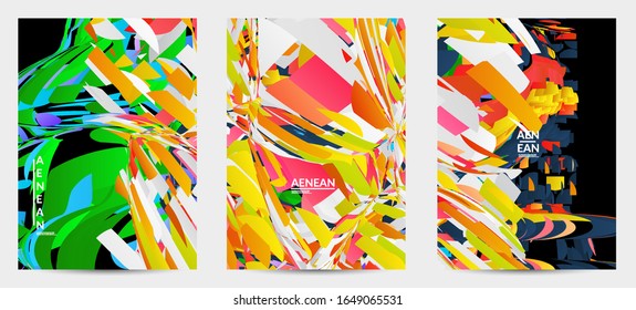 Abstract flyer template with bright colored random small particle explosion. Sport music social media layout. Optical art dynamic background with outer space motion. Futuristic vector.