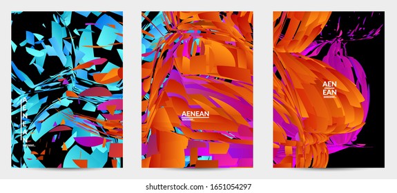 Abstract flyer template with bright colored random small particle explosion. Sport music social media layout. Optical art dynamic background with outer space motion. Futuristic vector.