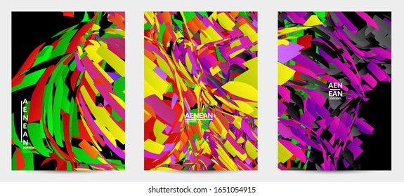 Plantilla de volante abstracta con explosión aleatoria de partículas pequeñas de color brillante. Diseño de medios sociales de música deportiva. Fondo dinámico de arte óptico con movimiento en el espacio ultraterrestre. Vector futurista.