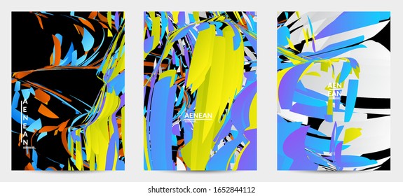 Abstract flyer template with bright colored random small particle explosion. Sport music social media layout. Optical art dynamic background with outer space motion. Futuristic vector.
