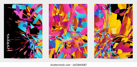 Abstract flyer template with bright colored random small particle explosion. Sport music social media layout. Optical art dynamic background with outer space motion. Futuristic vector.