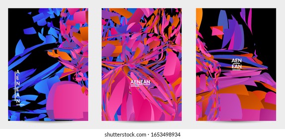 Abstract flyer template with bright colored random small particle explosion. Sport music social media layout. Optical art dynamic background with outer space motion. Futuristic vector.