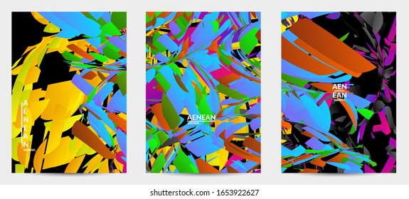 Plantilla de volante abstracta con explosión aleatoria de partículas pequeñas de color brillante. Diseño de medios sociales de música deportiva. Fondo dinámico de arte óptico con movimiento en el espacio ultraterrestre. Vector futurista.