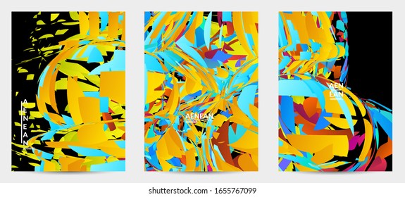 Abstract flyer template with bright colored random small particle explosion. Sport music social media layout. Optical art dynamic background with outer space motion. Futuristic vector.