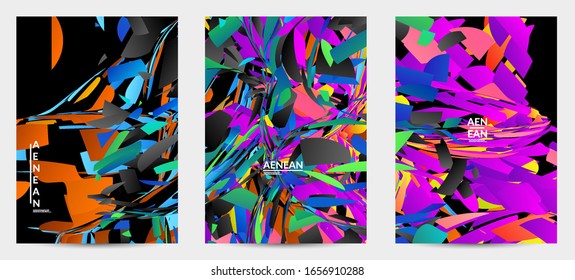 Abstract flyer template with bright colored random small particle explosion. Sport music social media layout. Optical art dynamic background with outer space motion. Futuristic vector.