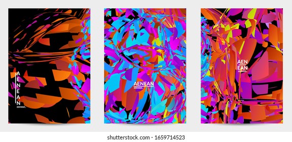 Plantilla de volante abstracta con explosión aleatoria de partículas pequeñas de color brillante. Diseño de medios sociales de música deportiva. Fondo dinámico de arte óptico con movimiento en el espacio ultraterrestre. Vector futurista.
