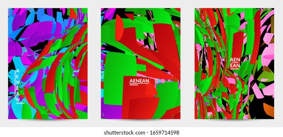 Plantilla de volante abstracta con explosión aleatoria de partículas pequeñas de color brillante. Diseño de medios sociales de música deportiva. Fondo dinámico de arte óptico con movimiento en el espacio ultraterrestre. Vector futurista.