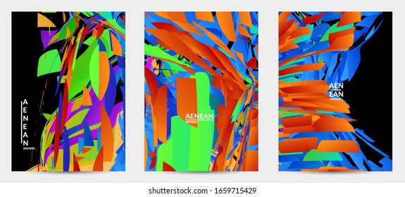 Plantilla de volante abstracta con explosión aleatoria de partículas pequeñas de color brillante. Diseño de medios sociales de música deportiva. Fondo dinámico de arte óptico con movimiento en el espacio ultraterrestre. Vector futurista.