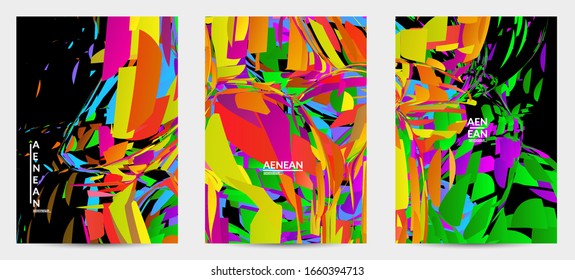 Abstract flyer template with bright colored random small particle explosion. Sport music social media layout. Optical art dynamic background with outer space motion. Futuristic vector.
