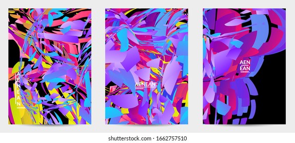 Abstract flyer template with bright colored random small particle explosion. Sport music social media layout. Optical art dynamic background with outer space motion. Futuristic vector.