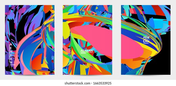 Plantilla de volante abstracta con explosión aleatoria de partículas pequeñas de color brillante. Fondo dinámico de arte óptico con movimiento en el espacio ultraterrestre. Vector futurista.