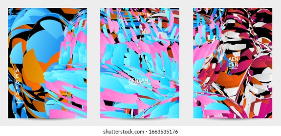 Abstract flyer template with bright colored random small particle explosion. Sport music social media layout. Optical art dynamic background with outer space motion. Futuristic vector.