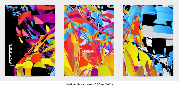 Plantilla de volante abstracta con explosión aleatoria de partículas pequeñas de color brillante. Diseño de medios sociales de música deportiva. Fondo dinámico de arte óptico con movimiento en el espacio ultraterrestre. Vector futurista.