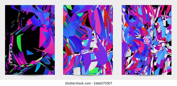 Abstract flyer template with bright colored random small particle explosion. Sport music social media layout. Optical art dynamic background with outer space motion. Futuristic vector.