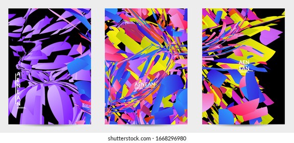 Abstract flyer template with bright colored random small particle explosion. Sport music social media layout. Optical art dynamic background with outer space motion. Futuristic vector.