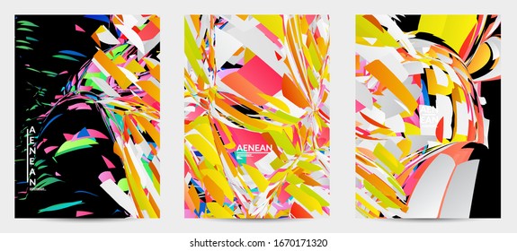 Abstract flyer template with bright colored random small particle explosion. Sport music social media layout. Optical art dynamic background with outer space motion. Futuristic vector.