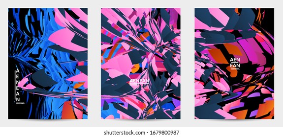 Abstract flyer template with bright colored random small particle explosion. Sport music social media layout. Optical art dynamic background with outer space motion. Futuristic vector.