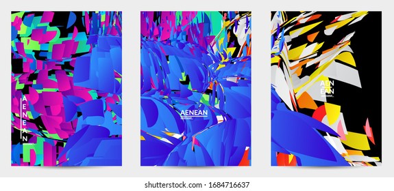 Abstract flyer template with bright colored random small particle explosion. Sport,music, social media layout. Optical art dynamic background with outer space motion. Futuristic vector.