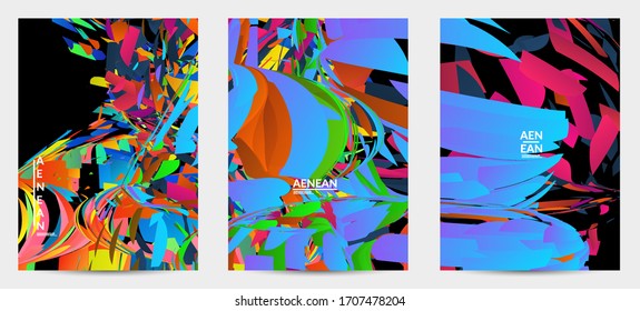 Abstract flyer template with bright colored random small particle explosion. Sport music social media layout. Optical art dynamic background with outer space motion. Futuristic vector.