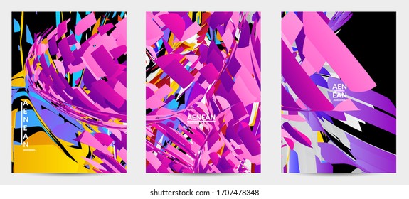 Plantilla de volante abstracta con explosión aleatoria de partículas pequeñas de color brillante. Diseño de medios sociales de música deportiva. Fondo dinámico de arte óptico con movimiento en el espacio ultraterrestre. Vector futurista.