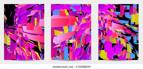 Abstract flyer template with bright colored random small particle explosion. Sport music social media layout. Optical art dynamic background with outer space motion. Futuristic vector.