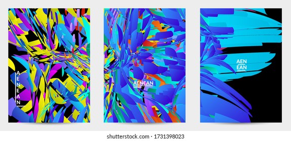 Plantilla de volante abstracta con explosión aleatoria de partículas pequeñas de color brillante. Diseño de medios sociales de música deportiva. Fondo dinámico del arte óptico con movimiento en el espacio ultraterrestre. Vector futurista.