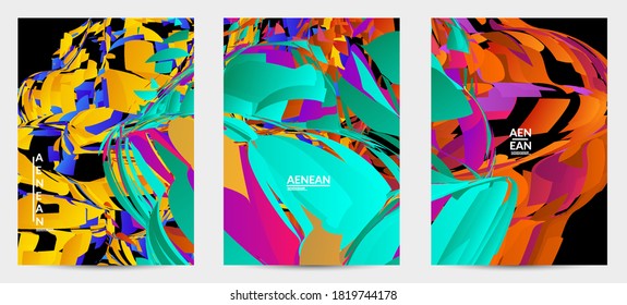 Abstract flyer template with bright colored random small particle explosion. Sport music social media layout. Optical art dynamic background with outer space motion. Futuristic vector.