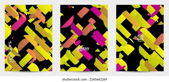 Abstract flyer template with bright colored random stripes. Dynamic modern design with scattered gradient geometric shapes. Simple colorful futuristic elements. Sport music social media layout.