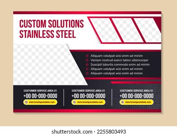 abstract flyer template design with headline is custom solution, stainless steel. space of photo collage and text. Advertising banner with horizontal layout. red and black element in white background.