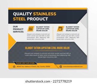 abstract flyer template design with headline is quality stainless steel product. space of photo collage and text. Advertising banner with horizontal layout. yellow and black element, grey background.