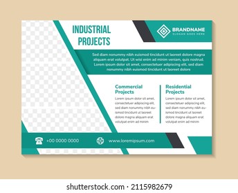 abstraktes Flyer-Template-Design Verwendung einer Überschrift ist Industrieprojekt. Horizontales Layout mit Platz für Fotocollage in diagonaler Form. weißer Hintergrund mit grün-türkisfarbenen diagonalen Elementen.