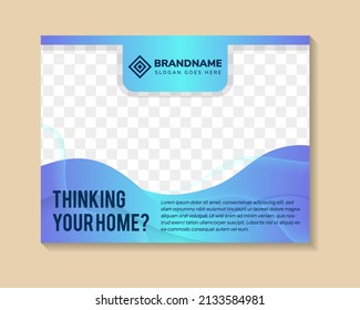abstract flyer template design use a headline is thinking your home. Horizontal layout with space for photo collage and text. blue gradient on  background and element.