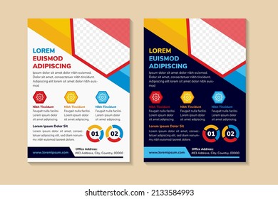 abstract flyer template design use a headline is custom dummy text. vertical layout with space for hexagon photo collage and text. colorful on elements. grey and blue background. 