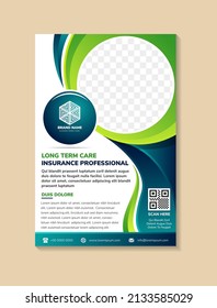 Abstract Flyer Template Design Use A Headline Is Long Term Care Professional Insurance. Vertical Layout With Space For Circle Photo Collage And Text. Blue And Green Gradient And Elements.