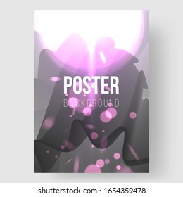 Abstract flyer template. Dynamic composition with trendy liquid fluid 3d shapes. Monochrome, black and white flow shapes and glare, bokeh, sparks. Eps10 vector illustration.