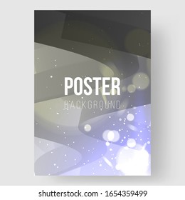 Abstract flyer template. Dynamic composition with trendy liquid fluid 3d shapes. Monochrome, black and white flow shapes and glare, bokeh, sparks. Eps10 vector illustration.