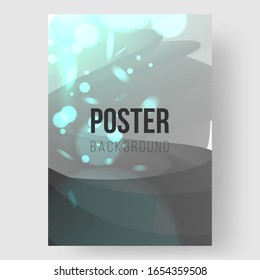 Abstract flyer template. Dynamic composition with trendy liquid fluid 3d shapes. Monochrome, black and white flow shapes and glare, bokeh, sparks. Eps10 vector illustration.