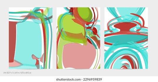 Abstrakte Flyer-Vorlage mit großformatiger, heller Acryl-Malerpinselstruktur auf weißem Hintergrund. Random überlappende Formen mit glattem wässrigem Aussehen. Flüssige Flüssigfarben-Hintergrund-Design.